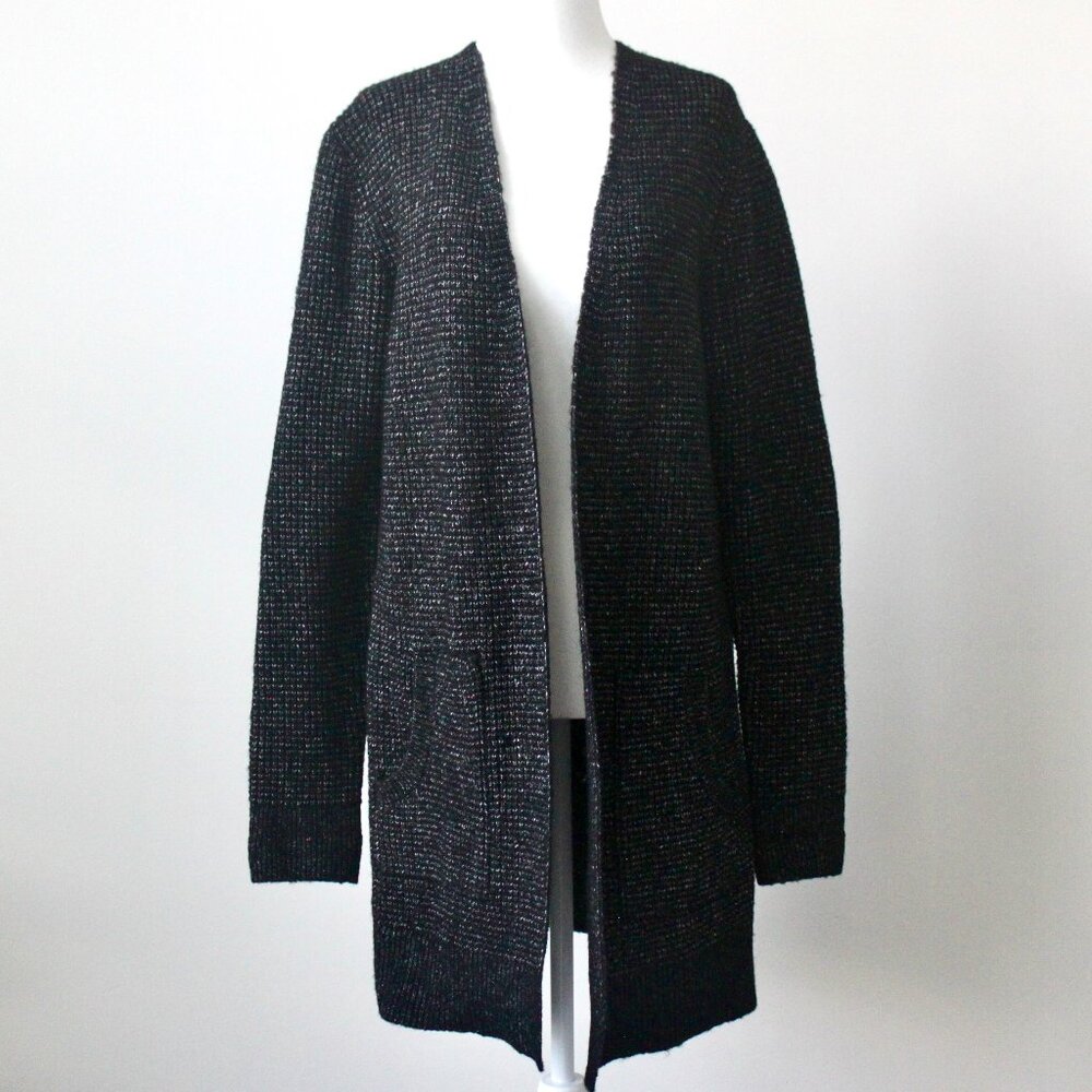 Time and Tru Black Speckled Midi Open Cardigan Sweater Pockets Medium